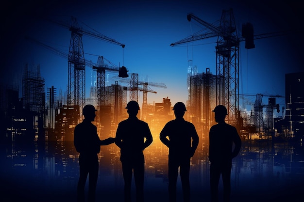 Silhouette Engineer team of the planning industry construction using the digital blueprint