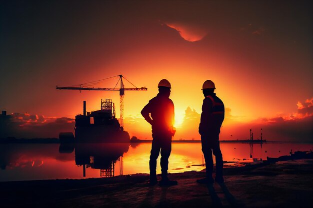 Foto silhouette di ingegnere e operaio sul cantiere sullo sfondo del cantiere al tramonto generative ai