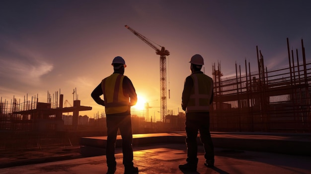 Silhouette of Engineer and worker checking project at building site background