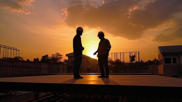 Silhouette of Engineer and worker checking project at building site background