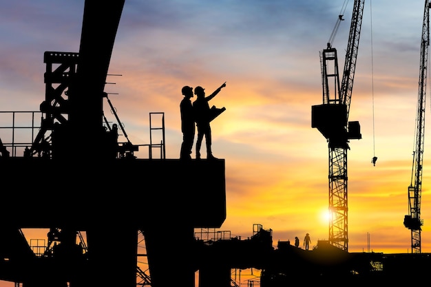 Silhouette of Engineer and worker checking project at construction siteat sunset in evening time