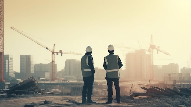 Silhouette of engineer and worker on construction site with construction cranes generative ai