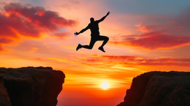 Silhouette of Enthusiastic man jumping between two cliffs Success and freedom concept