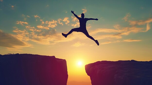 Photo silhouette of enthusiastic man jumping between two cliffs success and freedom concept