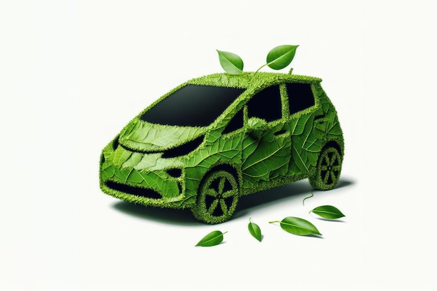 Фото Силуэт электромобиля, сделанный из зеленых листьев, изолированный на белом фоне