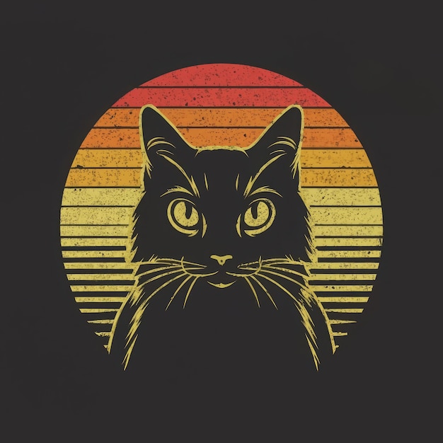 Silhouette face of a cat with a doubtful sideeye expression against a vibrant retro sunset tshirt