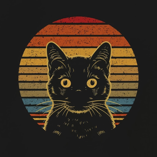 Silhouette face of a cat with a doubtful sideeye expression against a vibrant retro sunset tshirt