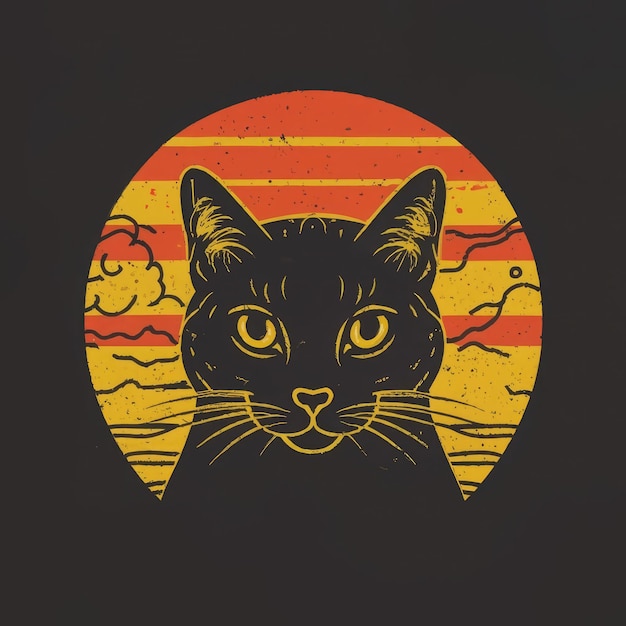 Silhouette face of a cat with a doubtful sideeye expression against a vibrant retro sunset tshirt