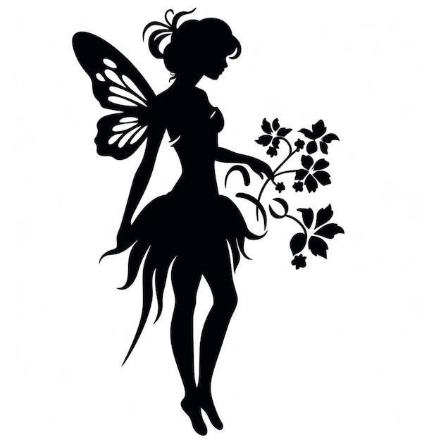 Foto silhouette di una fata con un fiore in mano generativo ai
