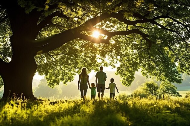 Silhouette of a family father mother and kids against a sunset background A family holding hands walks in the forest