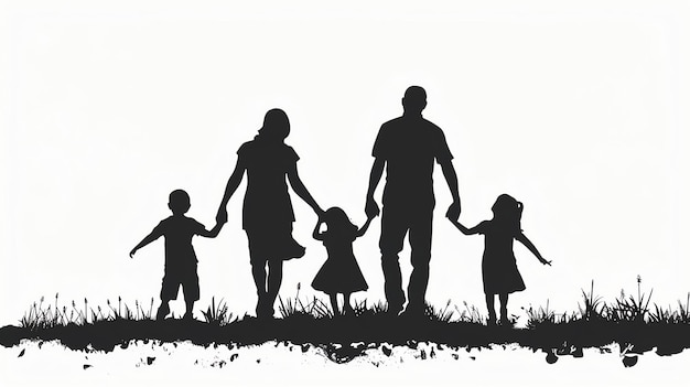 Photo a silhouette of a family of four walking hand in hand