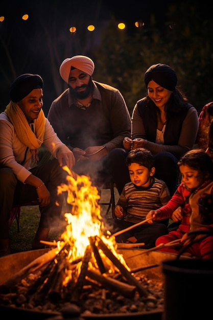 silhouette of a family gathered around the fire celebrating Lohri suitable for a poster background