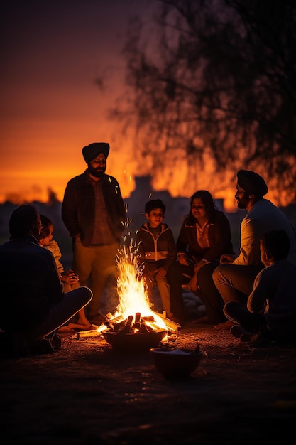 silhouette of a family gathered around the fire celebrating Lohri suitable for a poster background