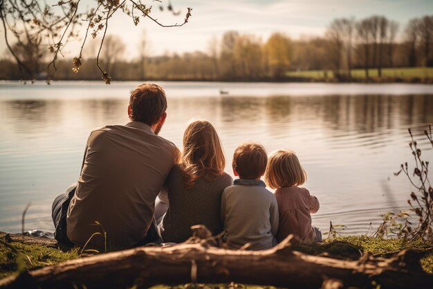 Photo silhouette of a family having a picnic by the lake happily during sunset