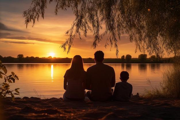 Silhouette of a family having a picnic by the lake happily during sunset