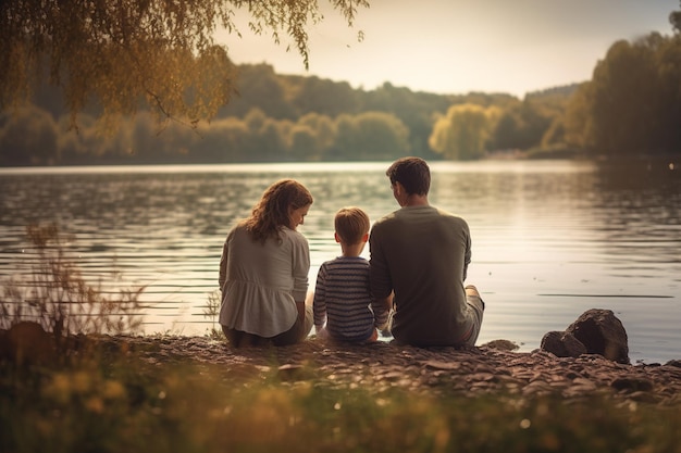 日没時に湖畔で楽しくピクニックをする家族のシルエット