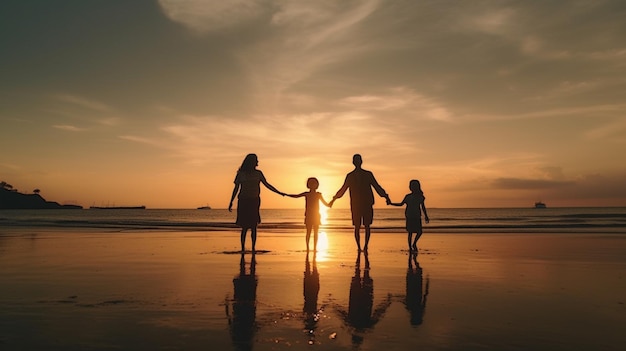 Silhouette of the family holding hands enjoying the sunset on the beach Generative AI