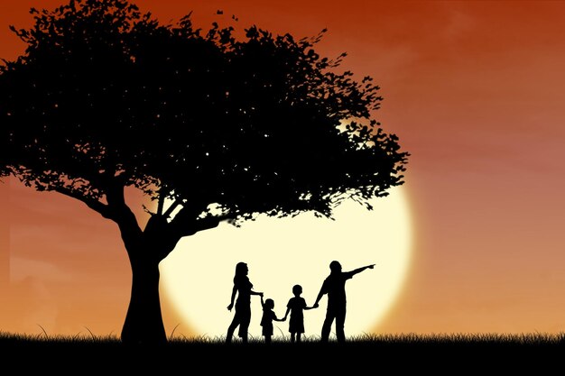 Foto famiglia in silhouette in piedi sulla terra contro il cielo durante il tramonto
