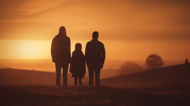 Foto siluetta della famiglia al tramonto concetto di ai generativo felice di giorno di padre