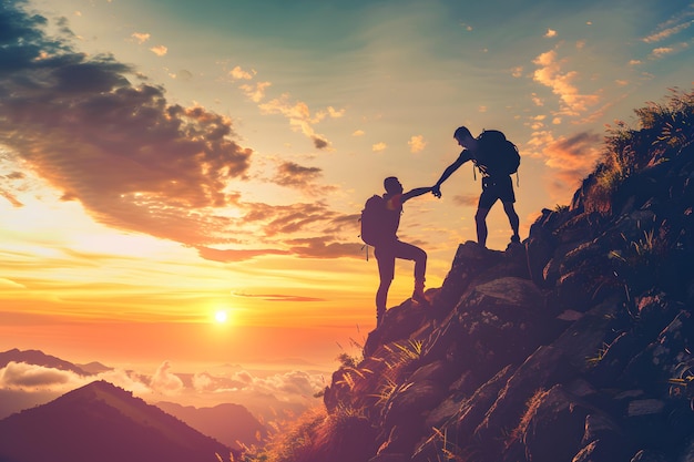 Silhouette of a family on top of a mountain at sunset