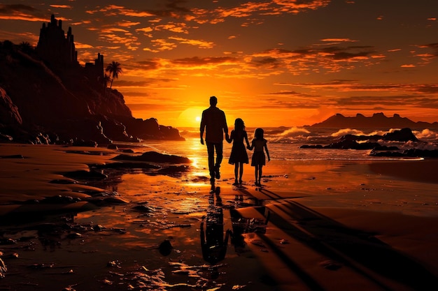 silhouette of family walking along the sea on the sunset