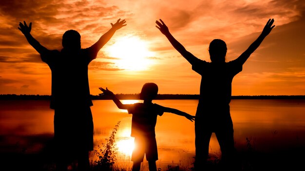 Foto silhouette di una famiglia con le braccia tese in piedi vicino al lago contro il cielo durante il tramonto