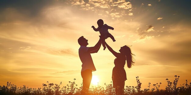 a silhouette of a family with a baby and the sun behind them