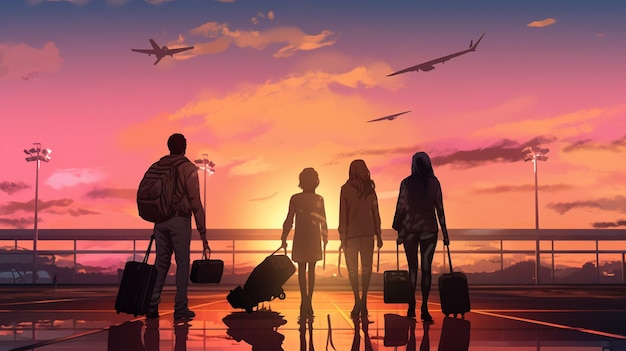 Photo silhouette of a family with luggage in the airport at sunset