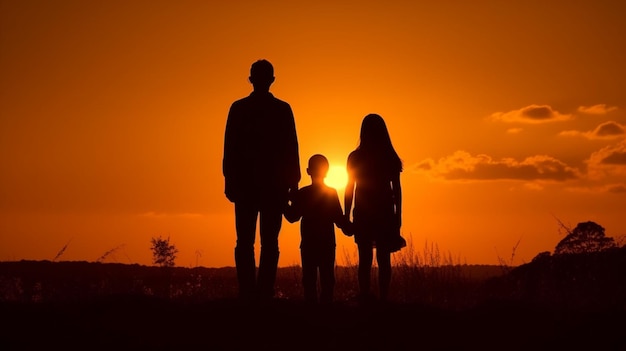 Silhouette of a family with the sun setting behind them