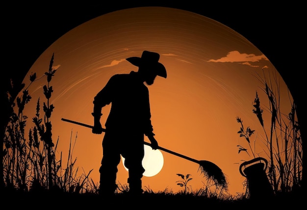 Photo silhouette of a farmer in a field at sunset ai generated