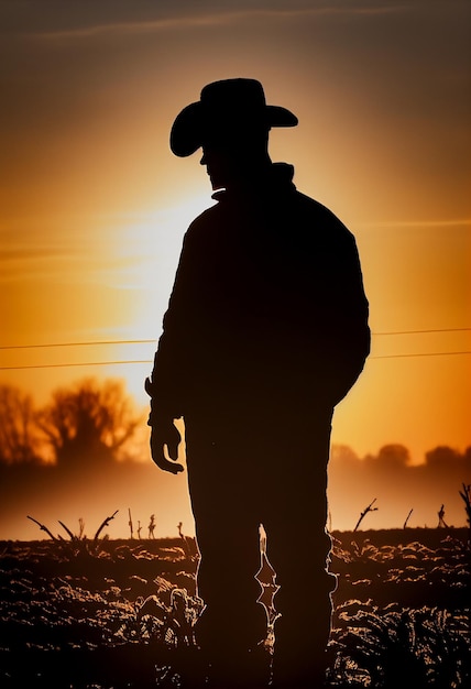 Photo silhouette of a farmer in a field at sunset ai generated