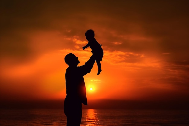 Silhouette of a father and baby against a sunset