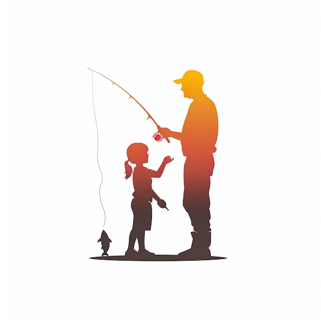 Silhouette of Father and Child Fishing TogetherxA