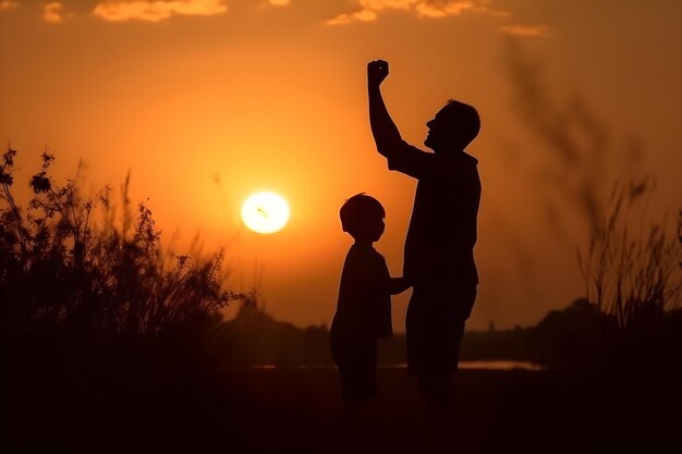 Silhouette of father and son on sunset background Generative AI