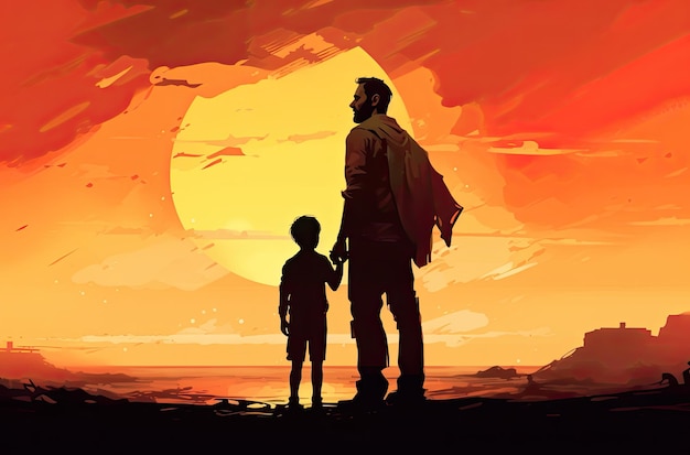 Silhouette of a father wearing a cape and holding hands with his son