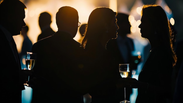 Silhouette feestgangers voeren een gesprek met wijnglazen bij de hand