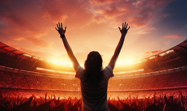 A silhouette of a female fan raising her arms in triumph against stunning sunset