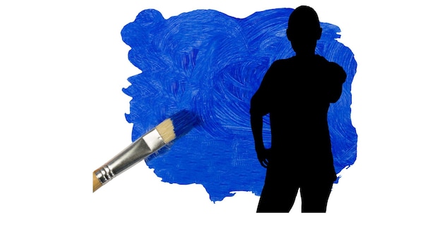 Silhouette of female handball player against blue paint stain and paint brush on white background