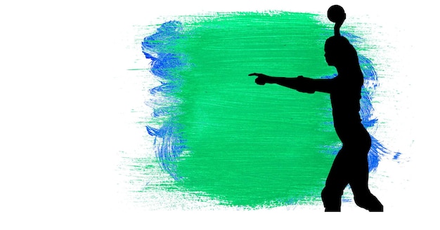 白の背景に緑と青のペイントブラシストロークに対する女性のハンドボール選手のシルエット