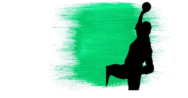 흰색 배경에 녹색 페인트 브러시 스트로크에 대한 여성 핸드볼 선수의 실루엣