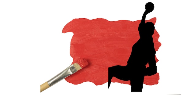 Silhouette of female handball player against red paint stain and brush on white background
