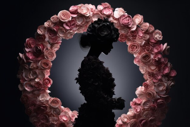 Silhouette of feminine woman in pink roses generative ai