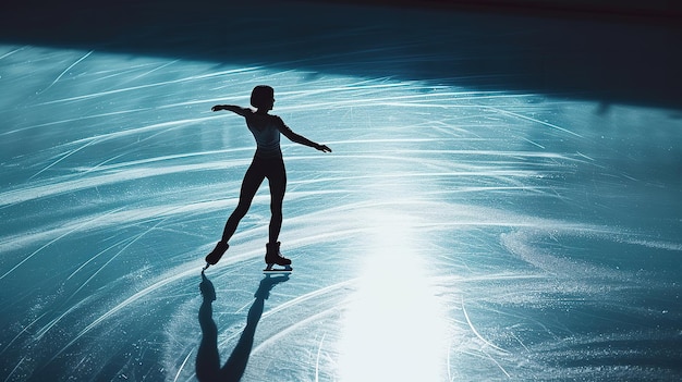 The silhouette of a figure skater against the shimmering ice surface captures the elegance and prec