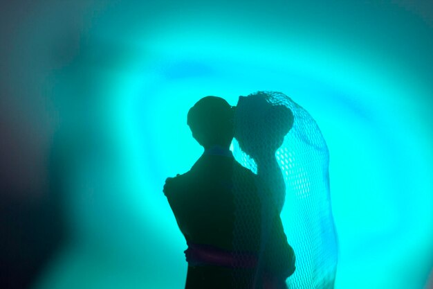 silhouette figurines against blue illuminated light