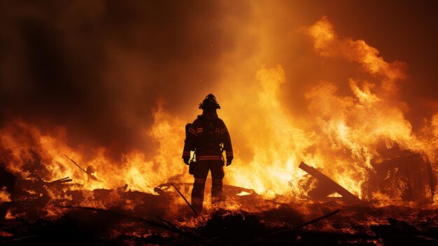 Silhouette of a firefighter in action battling an inferno