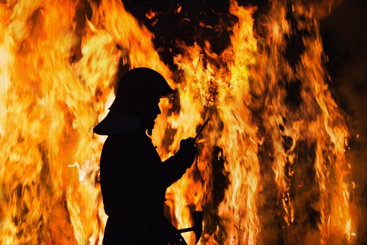 Photo silhouette firefighter on fire at night