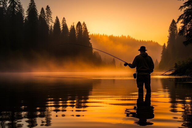 Photo silhouette of a fisherman on the evening river and with the light of the setting sun ai generative