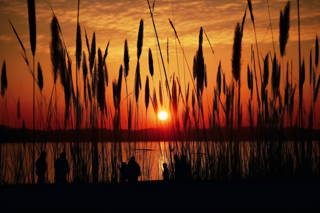 Silhouette of fishermen on the lake at sunset Beautiful nature background