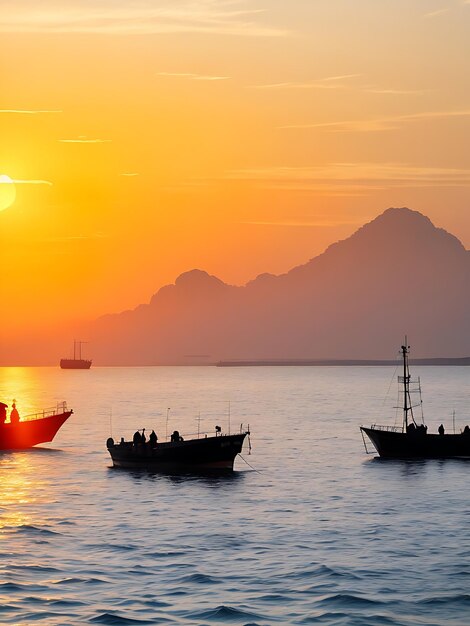Фото Силуэт рыболовных лодок в море с освещением заката, генерируемым ai