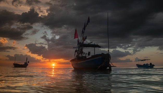 夕日の照明と海のシルエットの漁船